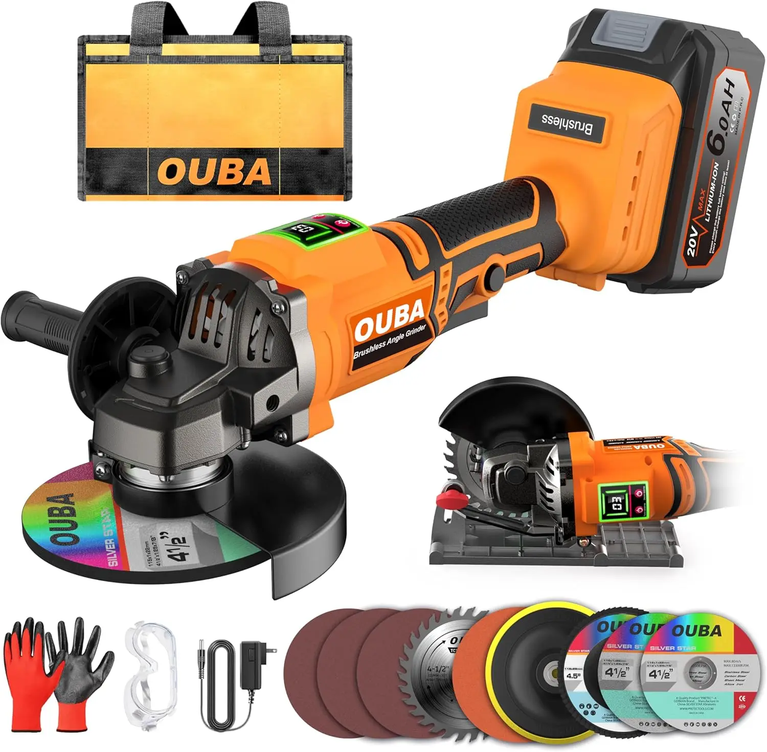

Cordless Angle Grinder with 3-Speed Brushless Motor, LED Display, Stand, and 56-Piece Accessory Kit