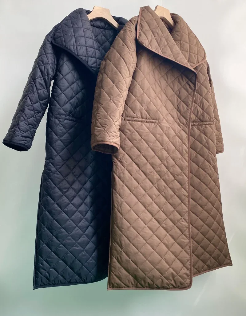 2022 Winter Niche Design Thickened Large Lapel Cotton Jacket Quilted Diamond-shaped Long Coat Women Parkas