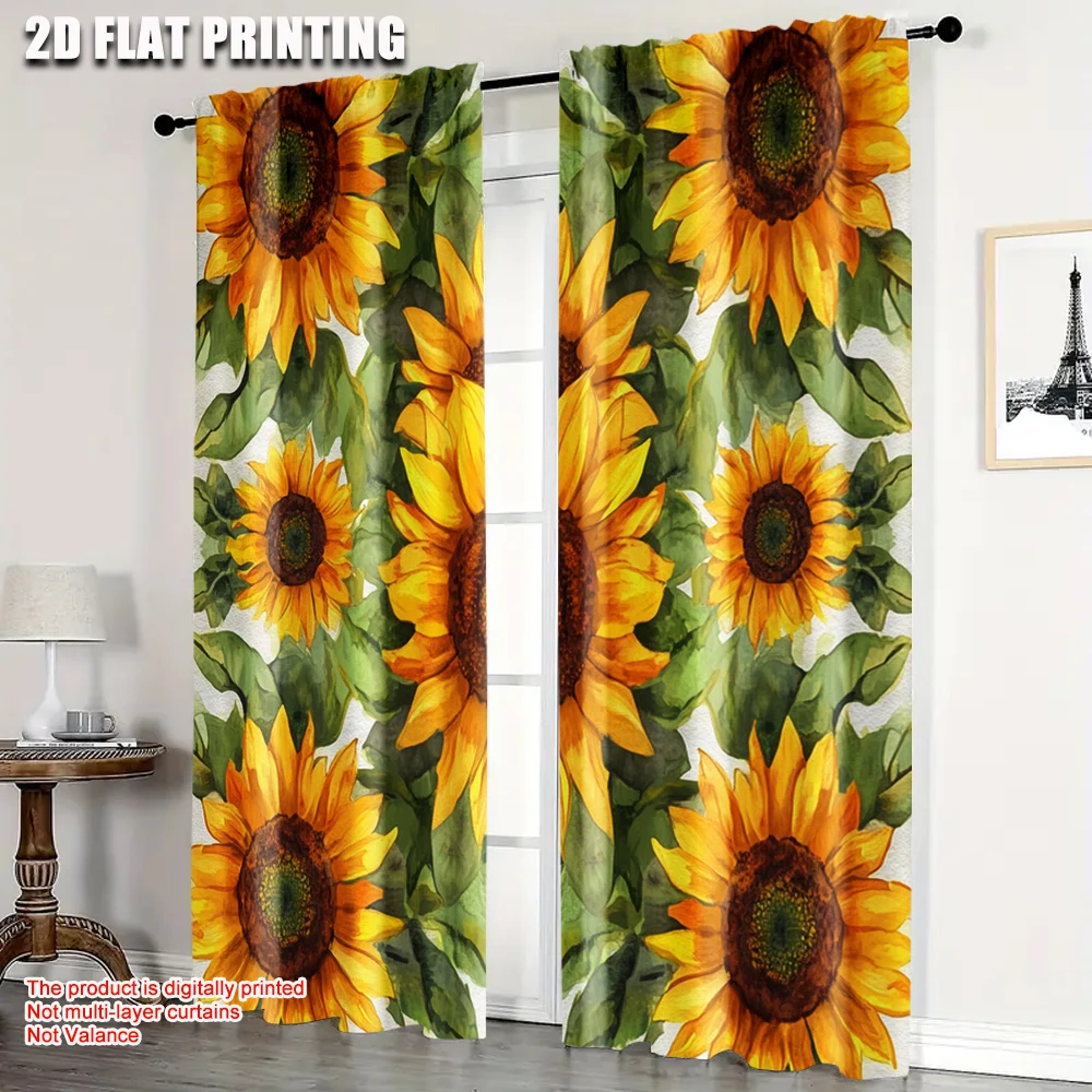 2 Stück, Vorhang mit beliebtem 2D-Druck, ländliche Sonnenblumenblume, maschinenwaschbarer Stoff (ohne Stange), Urlaub, perfekt für Schlafzimmer, Wohnzimmer