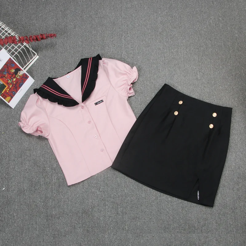 Japanese And Korean College Student JK Uniforms Institute Shirt + Short Skirt Suits Girl Hip Skirt  Cute Sweet School Dresses