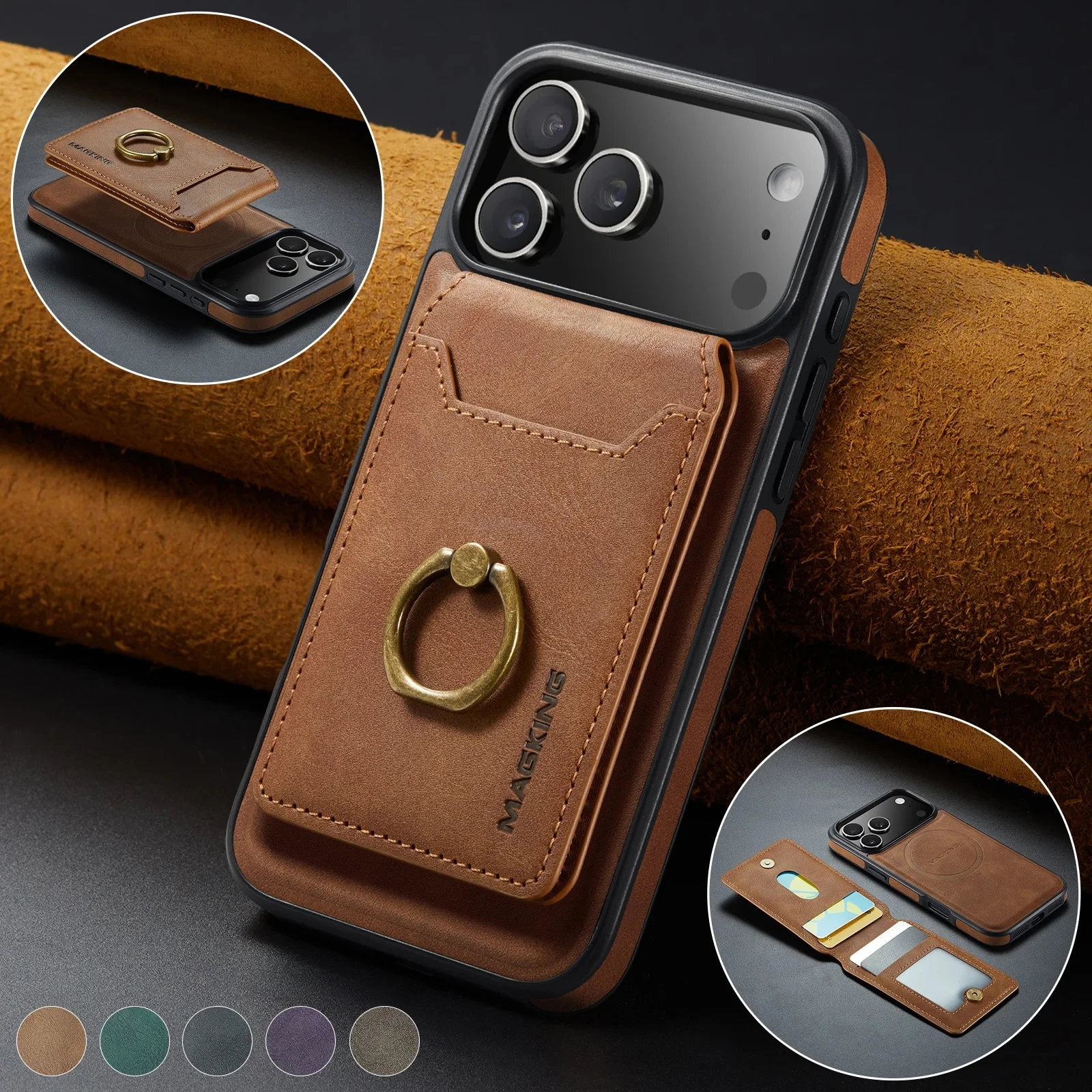 2 In 1 Detachable  Leather Phone Case For iPhone 17 16 Pro Max 15 14 Plus Air 16E 17E 13 12 Ring Card Wallet for MagsafeCover