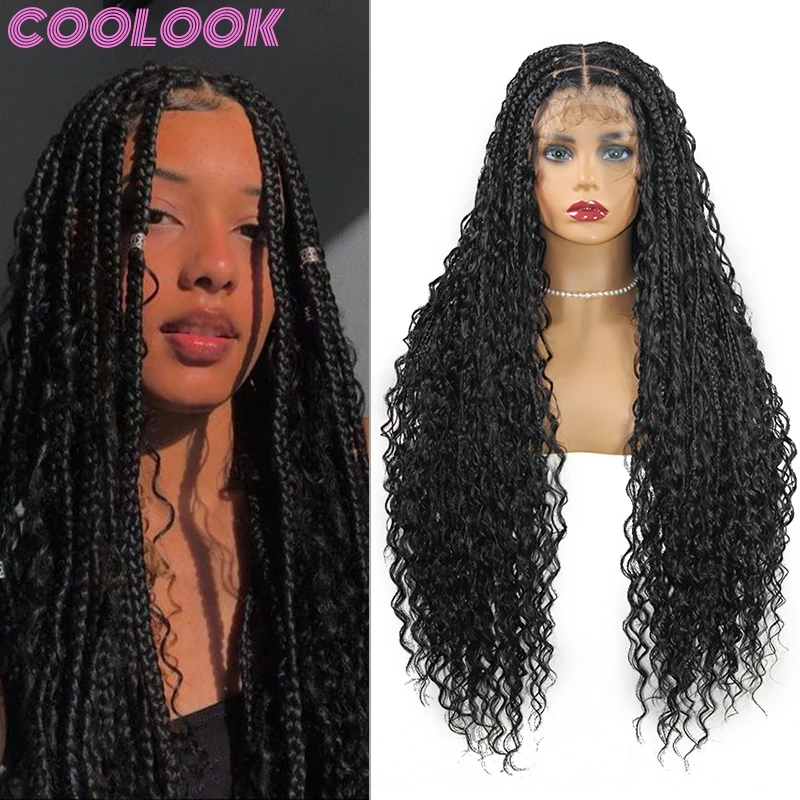 

Black Full Lace Box Braided Wigs for African Women Bohemia Water Wave Lace Front Braid Wigs Synthetic Braids Wig with Curly Ends