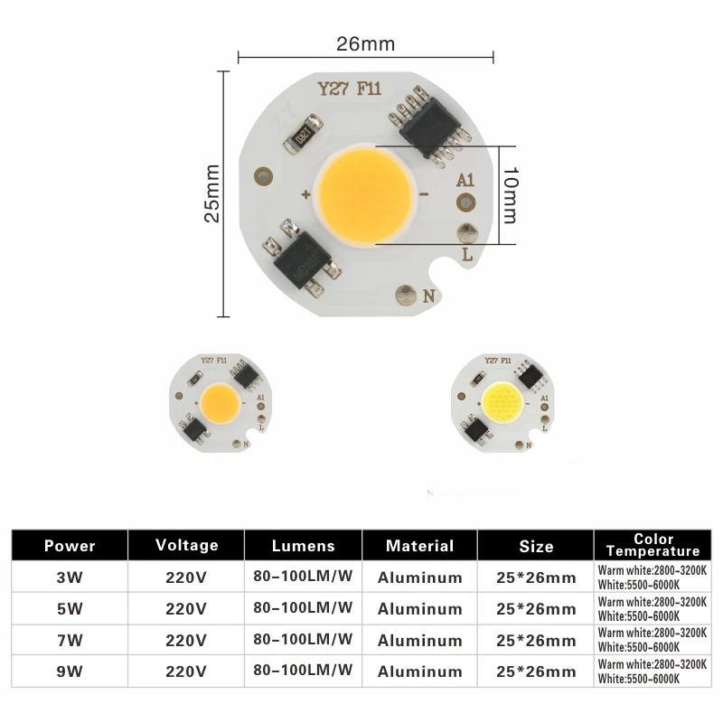 10pcs/lot 3W 5W 7W 9W LED COB Chip Lamp 220V Smart IC No Need Driver LED Bulb for Flood Light Spotlight Cold/Warm white Lighting