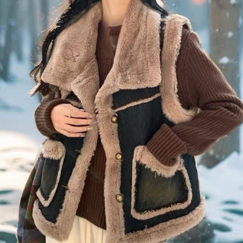 

Осень-зима модный женский джинсовый жилет из высококачественного хлопка в стиле ретро с большим меховым воротником утолщенный свободный джинсовый жилет теплая куртка