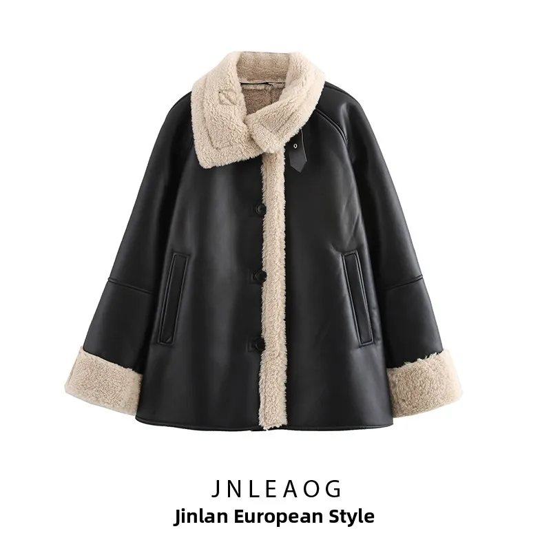 JNLEAOG Jesienna Nowa Damska Modna Kurtka z Efektem Skóry Dwustronna Długi Płaszcz z Wykładanym Kołnierzem Zapinana na Guziki Polyes...