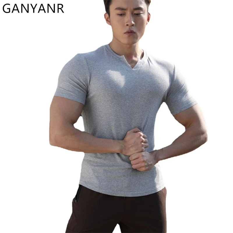 GANYANR Men's Running T-shirt Short Sleeve Summer Compression Sports Fitness Football Gym Clothing Training Basketball Exercise