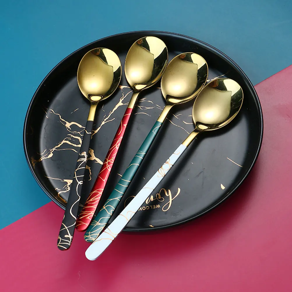 

4Pcs Stainless Steel Dessert Spoon Long H Mixing Spoons Coffee Stirring Teaspoon Metal Kitchen Tools Ice Cream Scoops