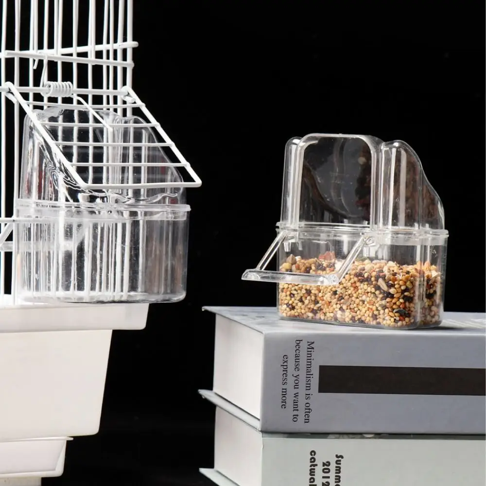 Anti Spill Bird Cage Feeder Cup Leak Proof Clear Plastic Bird Waterer Semi Enclosed Top Easy to Clean Hanging Food Bowl