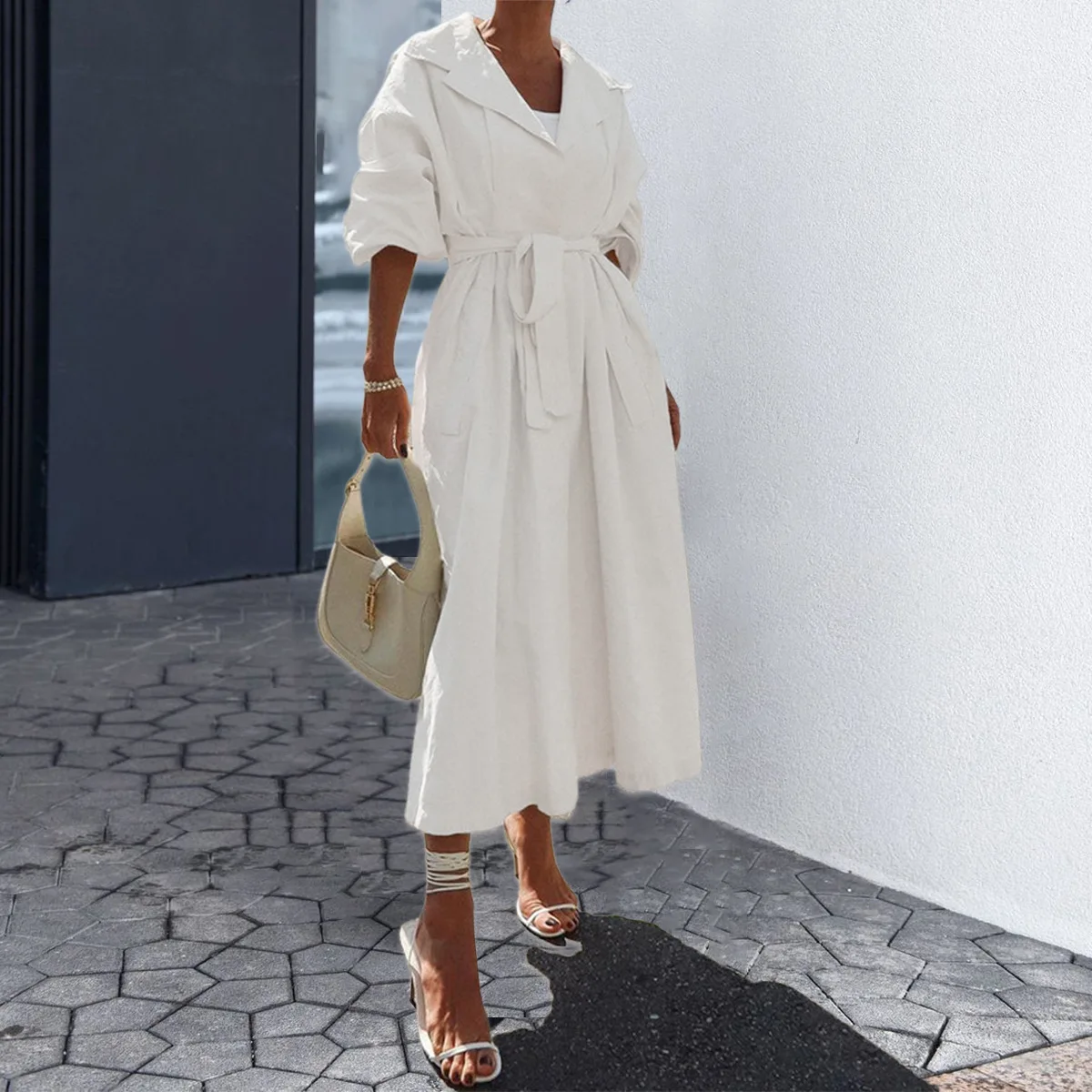 Women Trench Coats Solid Mid Length Jackets Lace Up Pocket Long Sleeve Turn Down Collar Single Breasted Loose Casual 2026 Autumn