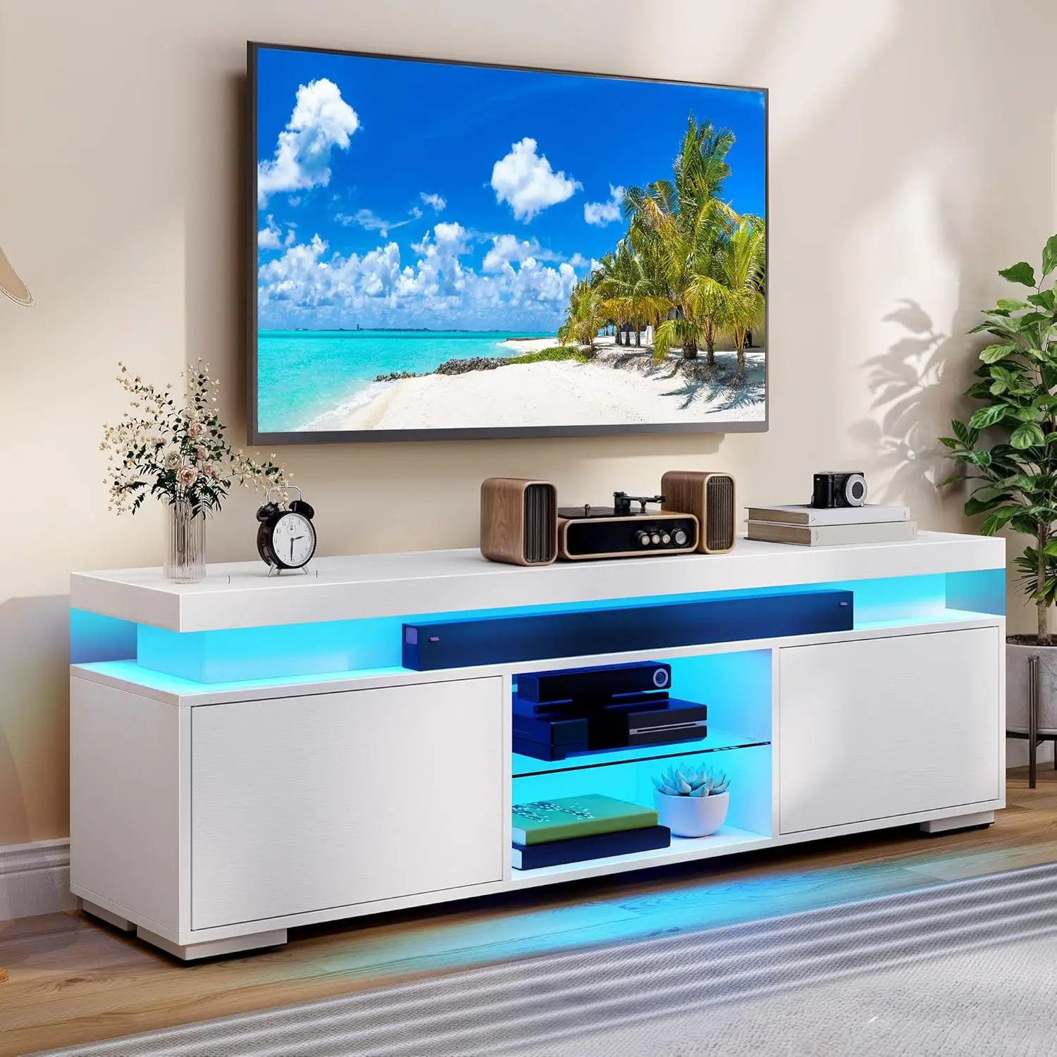 

White Modern TV Stand LED Lights and Power Outlet, Modern Entertainment Center for 55/60/65 Inch, Media Console Table TV Cabinet