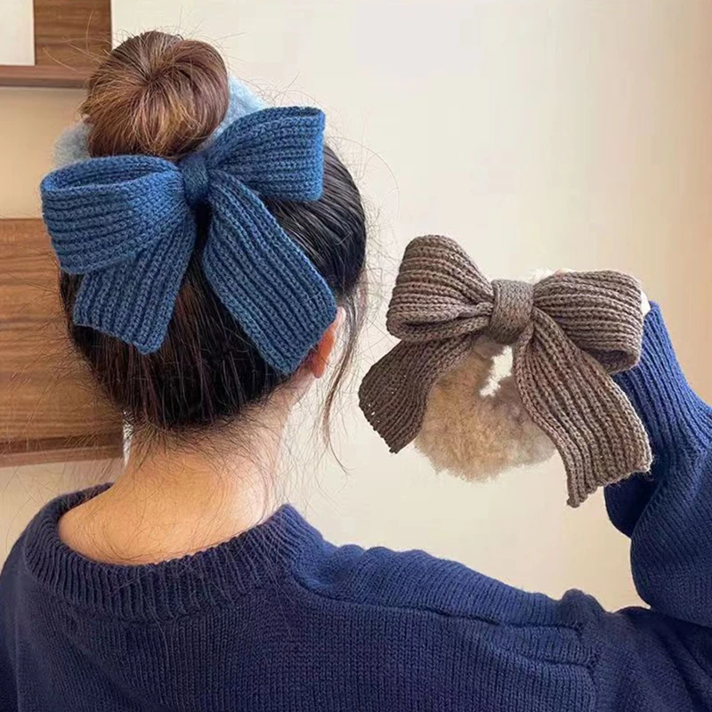 Autunno Inverno Corda per capelli con fiocco in lana lavorata a maglia delicata Ragazza dolce e versatile Anello per capelli grande Corda per capelli Elastico per capelli