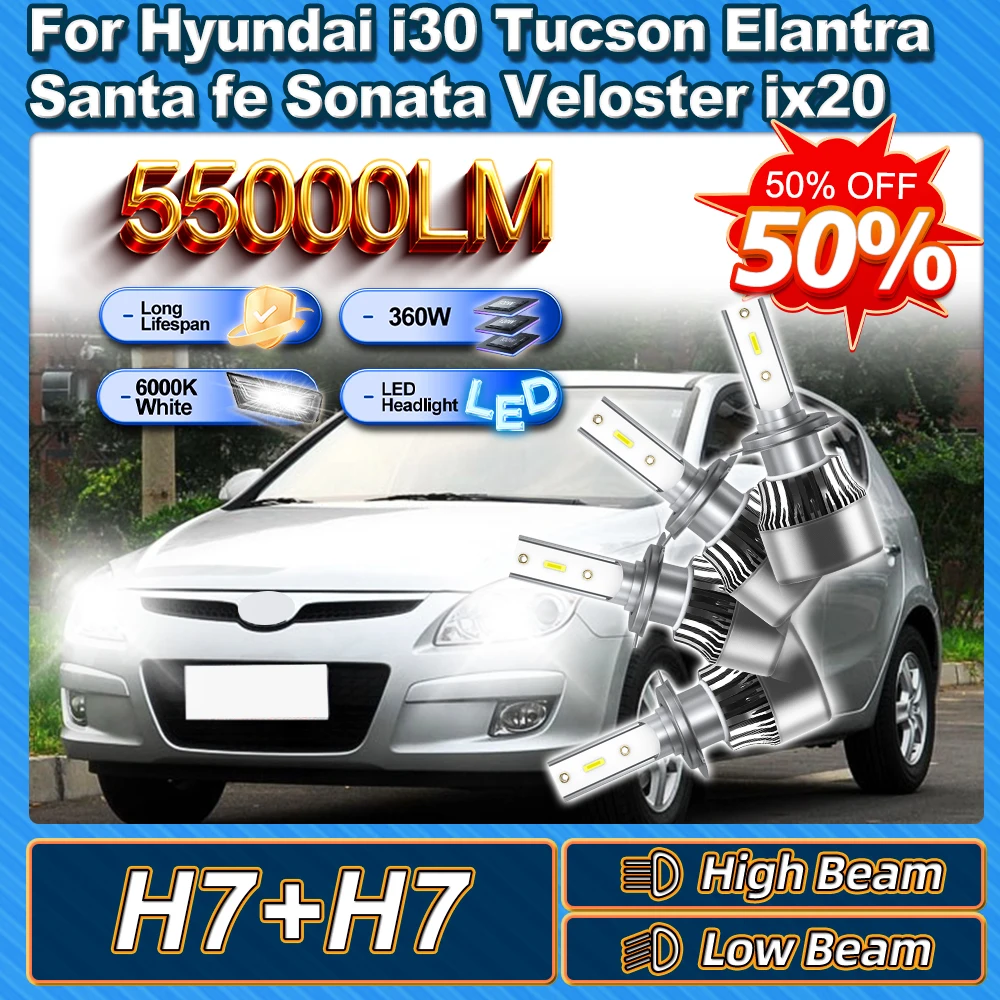 

For Hyundai i30 Tucson Elantra Santa fe Sonata Veloster ix20 H7 Headlight Ampoule 360W High Power 55000LM Long Lifespan 6000K