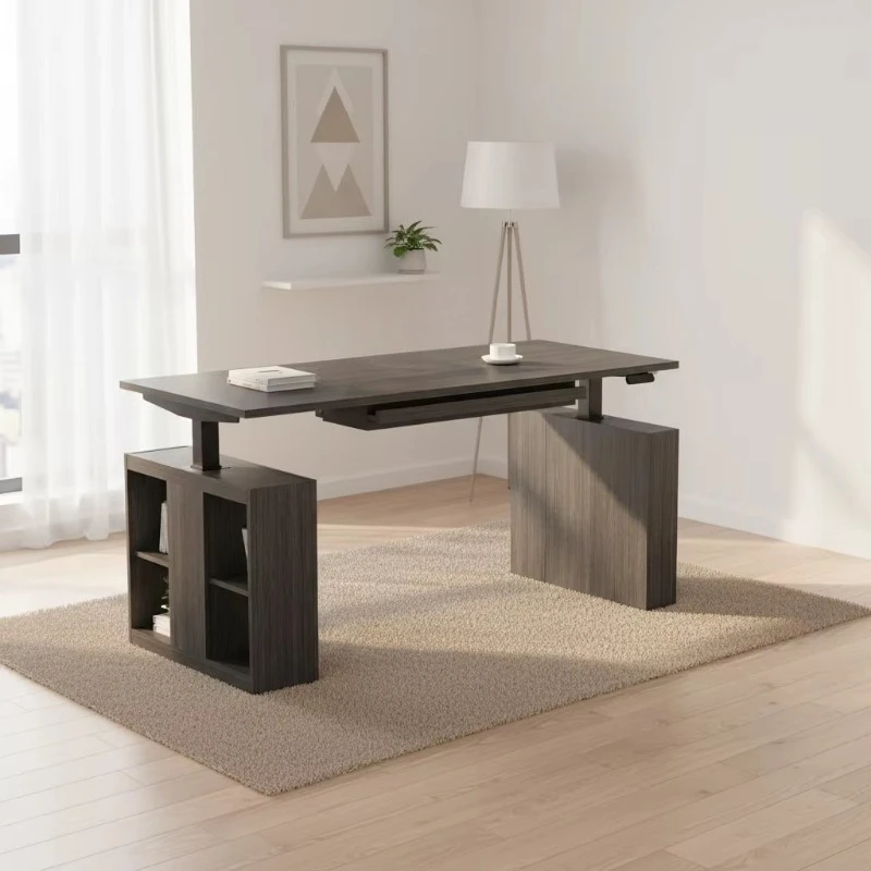 Adjustable electric lift computer desk household walnut study table with socket function