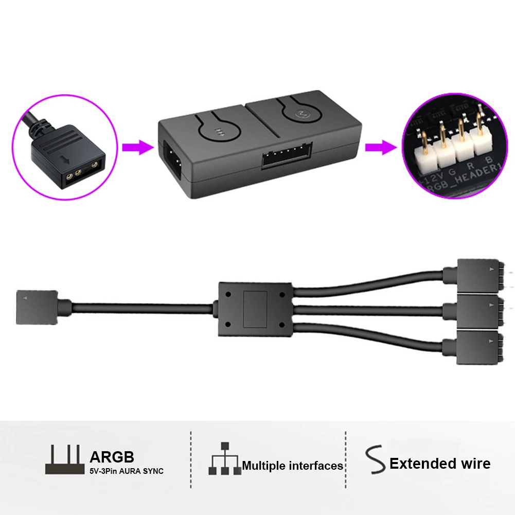 Konwerter RGB 3pin do 4pin Wentylator światła ARGB z rozdzielaczem 3 V/3pin ADD-RGB 12V/4PIN Adapter synchronizacji 50 trybów kolorystycznych