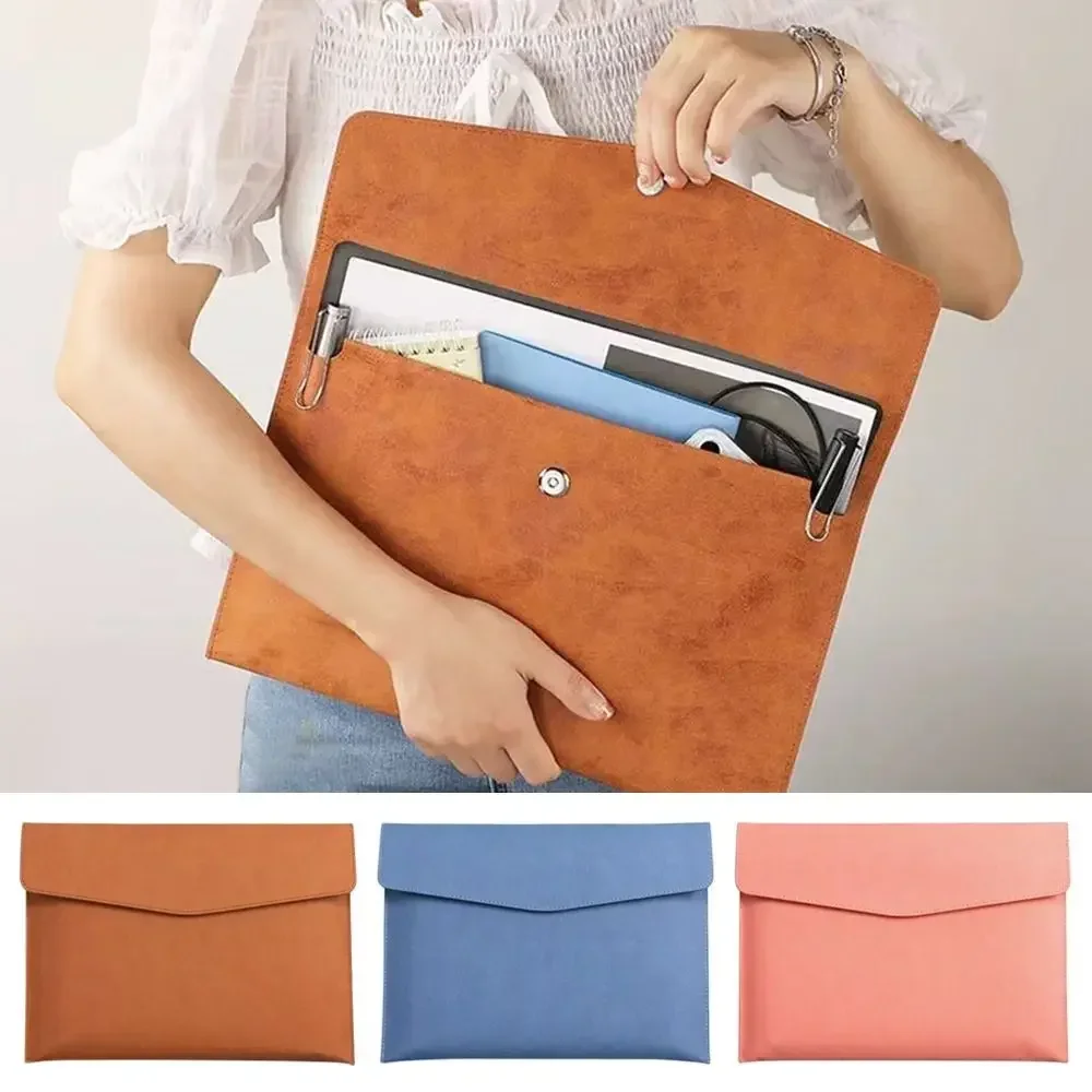 Simple Office Stationery School Supplies Storage Bag Briefcase Leather Double-Layer Snap Closure Business Document Bag