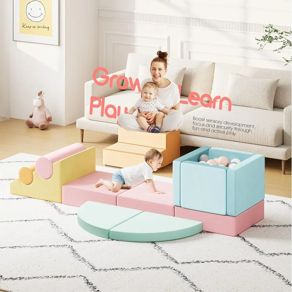 12-teilige Schaumstoff-Kletterblöcke für Kleinkinder mit Bällebad, sicheres weiches Spiel-Fitnessstudio-Set für Kinder, Indoor-Spielplatz zum Krabbeln und Motor S