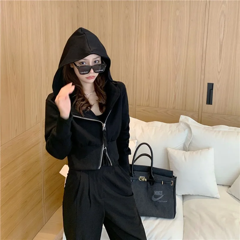 Gidyq Harajuku Streetwear Sweatshirt Women Fashion Double Zip Loose Hoodies Autumn Casual Female All Match Cropped Coats New