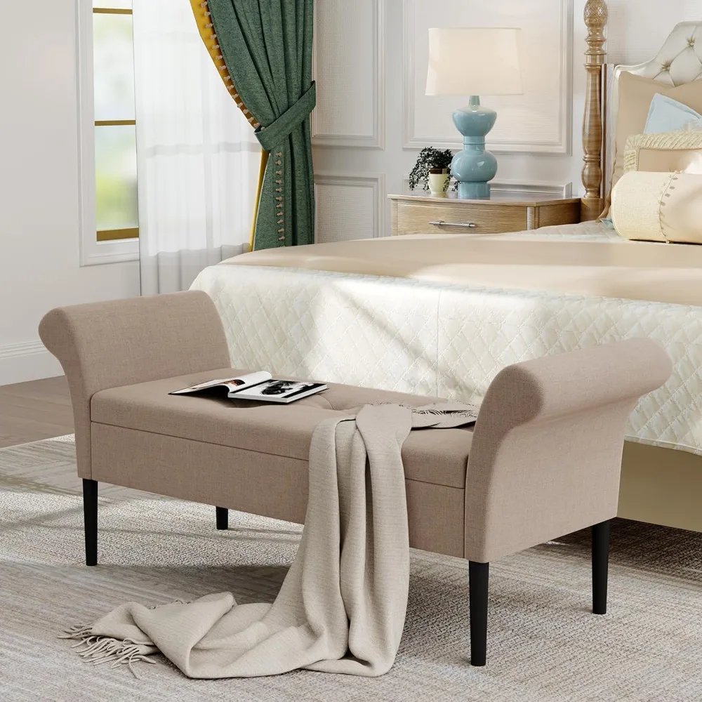 

Storage Ottoman Bench with Arms Linen Upholstered Tufted Storage Benches for Bedroom Entryway Living Room Tan