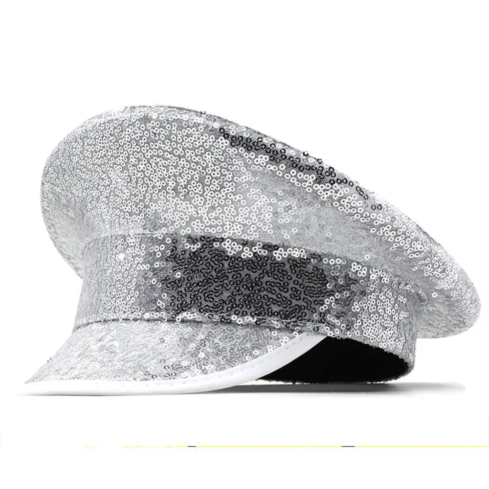 Brim Caps PU Leather Sequin Flat Top Hat Y2k Shiny Embellished Hat Sergeant Style Waterproof Beret Prom Performance Bar