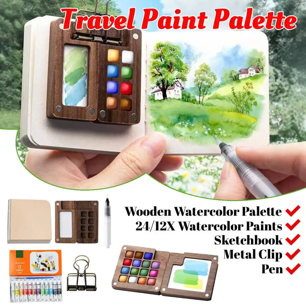 

Mini Travel Paint Palette With Clip Pocket 8/15 Grids Wooden Sketchbook Palette For Artists Students Watercolor Palette