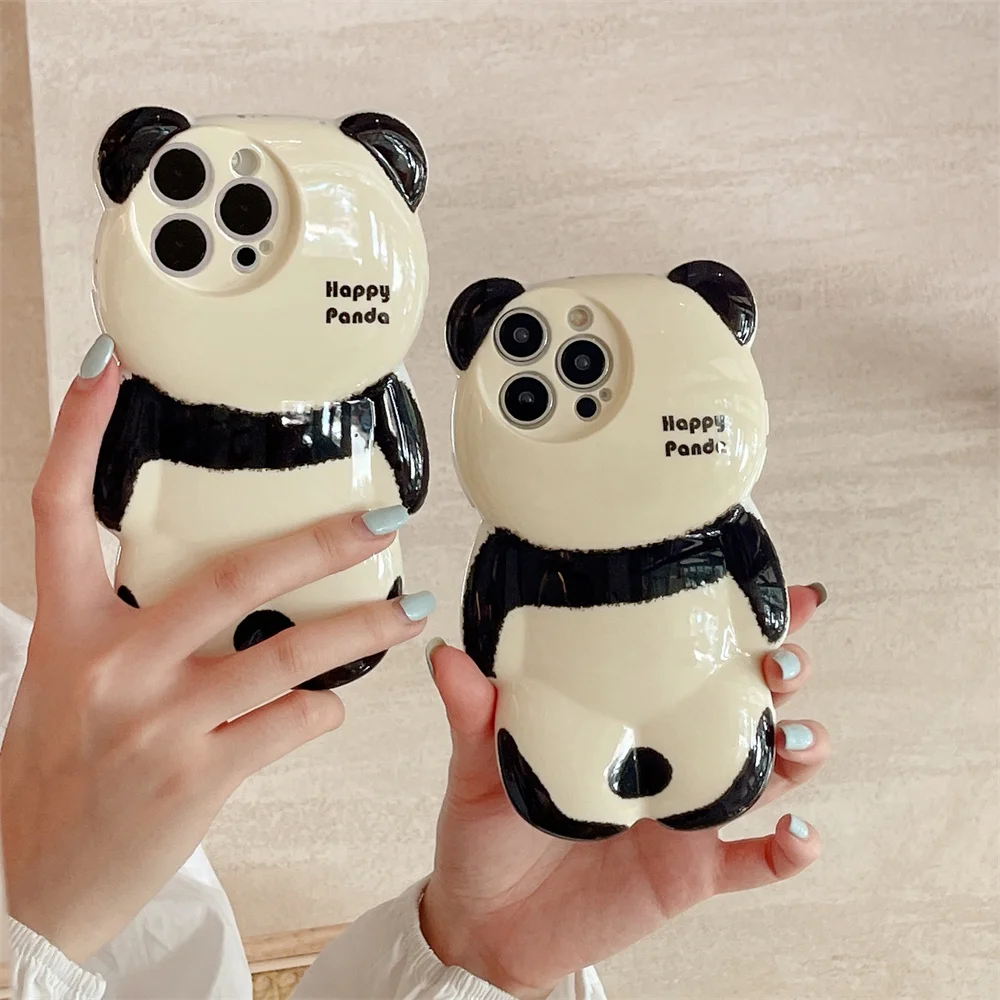 Cartoon 3D Panda Silicone Phone Case for iPhone 15 14 ProMax 11 12 13 Pro Max XR X Xs Max Lens Protection Plating Bumper Cover