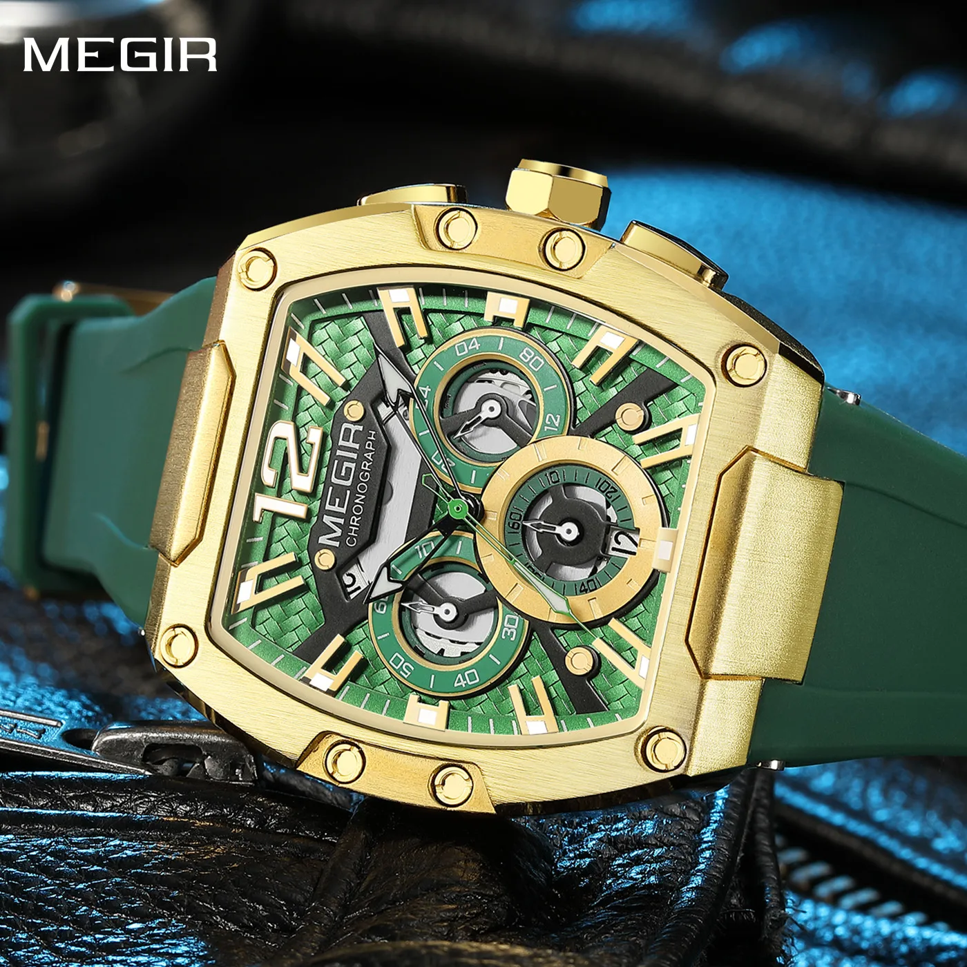 MEGIR الفاخرة الأخضر سيليكون كرونوغراف الرجال الرياضة ساعة تونيو الهاتفي مقاوم للماء الكوارتز العسكرية ساعة اليد 24 ساعة تاريخ Relogio