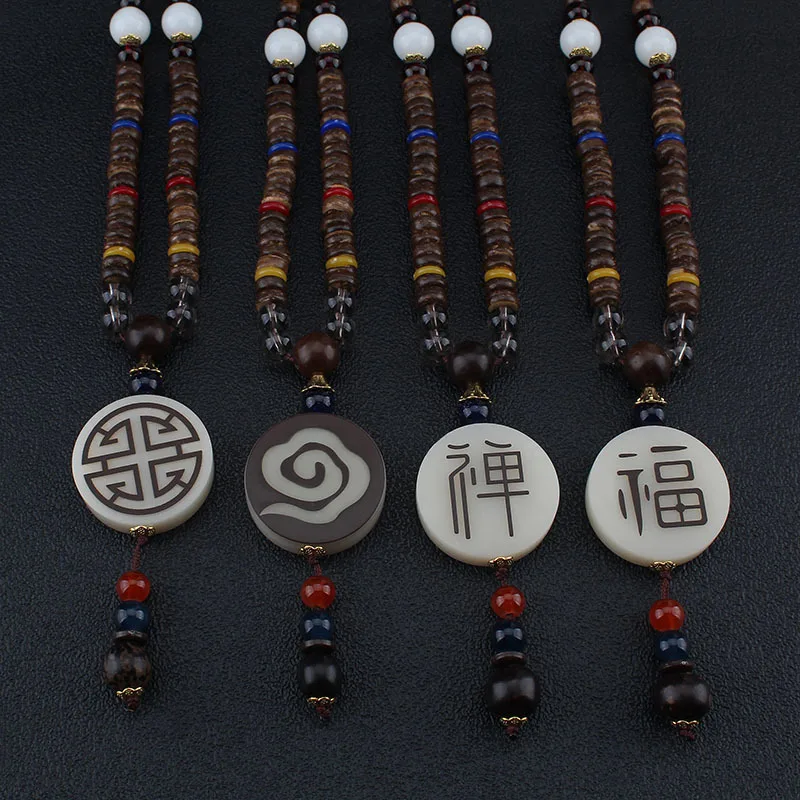 DIY accessories Ethnic Style Resin Round Brand Necklace Personality Versatile Men's and Women's Long Wooden Sweater Chain Buddha
