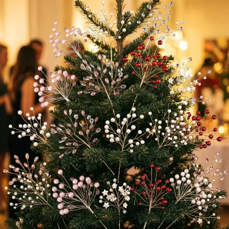 Glitter Pearl Crystal Christmas Pick Handmade Bead String Vine Gem Star Xmas Tree Branch Realistic Handcrafted