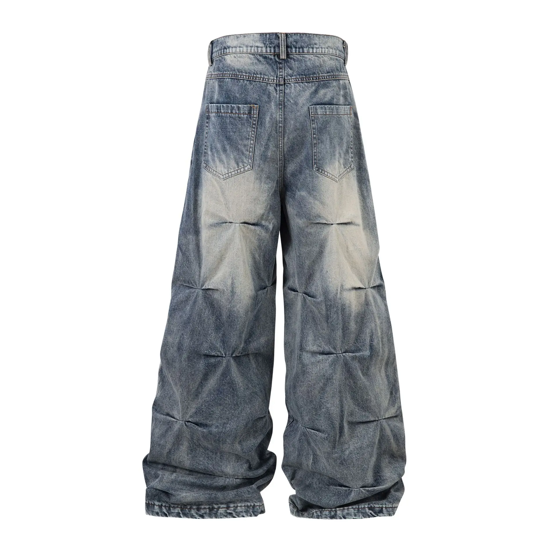 High Quality Luxury Streetwear Shaped Ruched Washed Jeans Men Wide-Leg Trousers Hip-hop Papper Man Pants