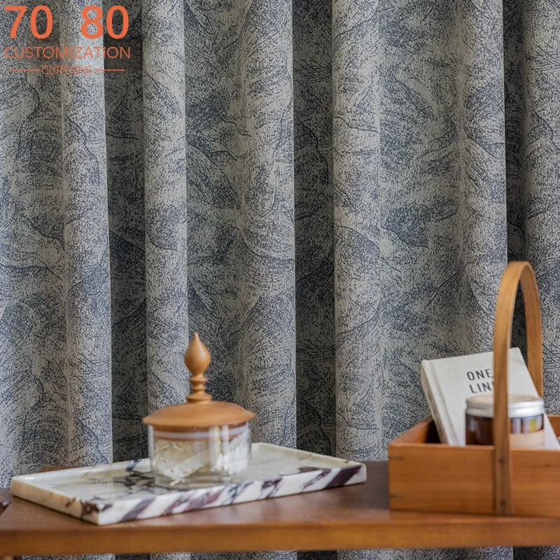 Japanese Blue Gray Leaf Jacquard Thickened Curtains for Living Room French Window Bedroom Study Floating Window Customized