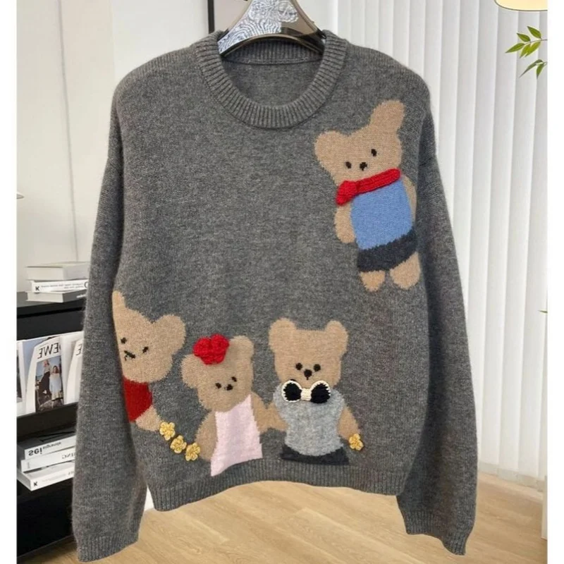 Colors Cute Bear Y2K Cartoon Jacquard Sweater Harajuku Teens Fairy Tale Kawaii Knitwaer Jumper Tops Winter Autumn Gray Clothes