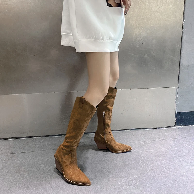 New Western Cowboy Knee-High Boots Women Pointed Toe Side Zipper Knight Boots High Heels Women Winter Boots Women Botines Mujer