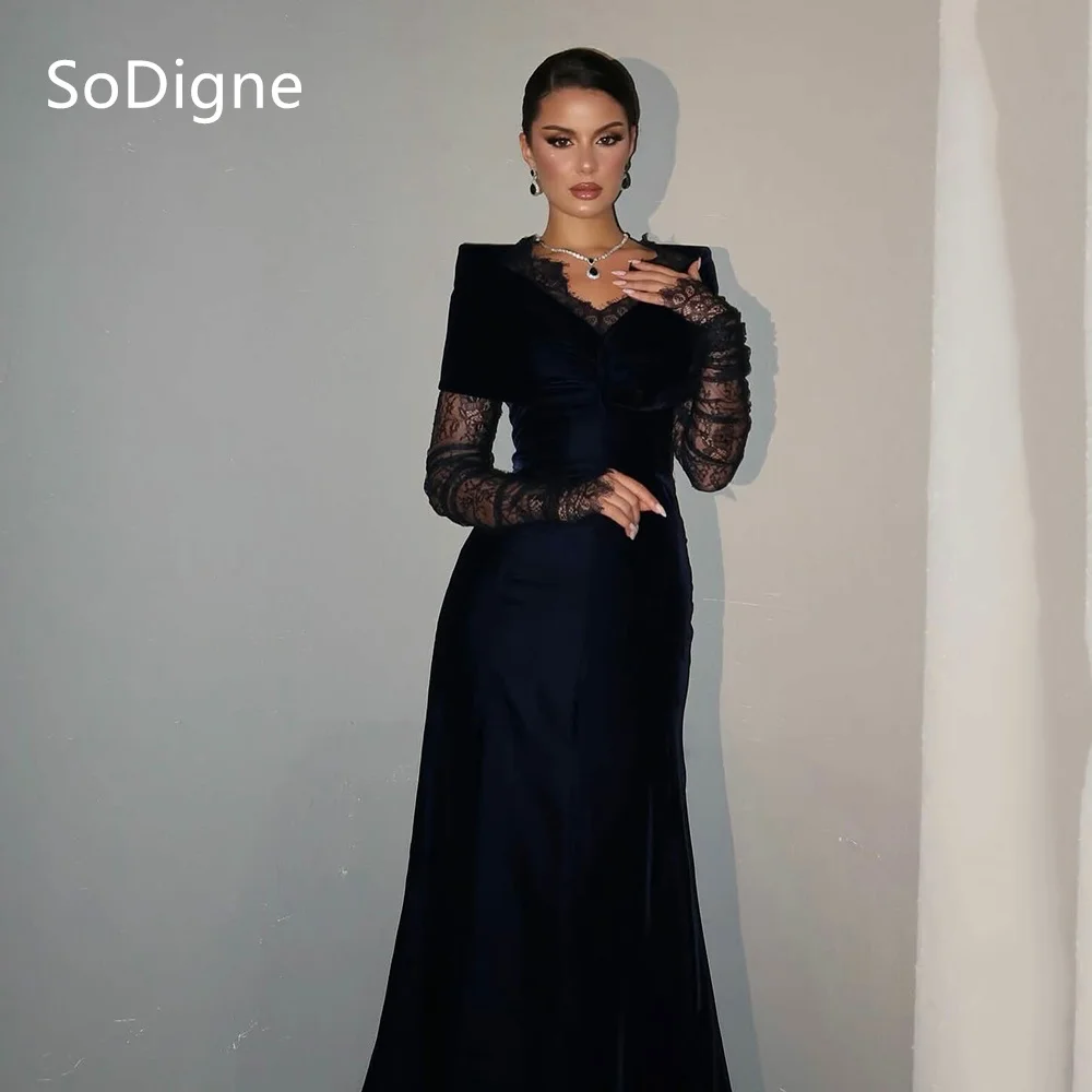 

SoDigne Exquisite Velvet Prom Dresses Off The Shoulder Lace Full Sleeves Party Dress Charming Floor-length Prom Gowns Customized