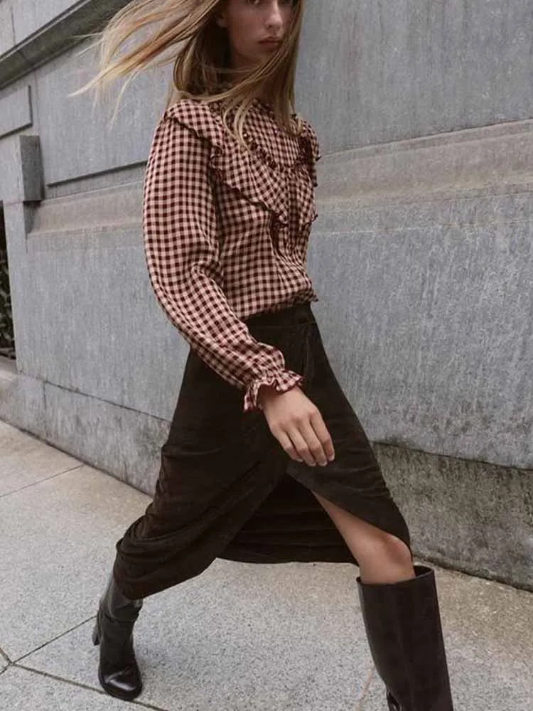 

European and American style autumn new arrivals fashionable women's round neck long sleeve small checkered layered shirt
