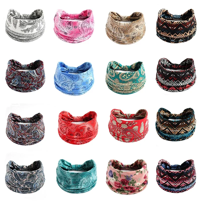 2024 New Bohemian Flower Print fascia larga retro Knot elastico Headwrap turbante per le donne ragazze bandane morbide accessori per capelli