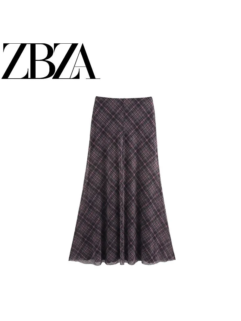 

Faionable Retro A-Line Plaid Silk Net Skirt High Waist Midi Skirt Tee-acetate Fiber Fi Tail Skirt for Women