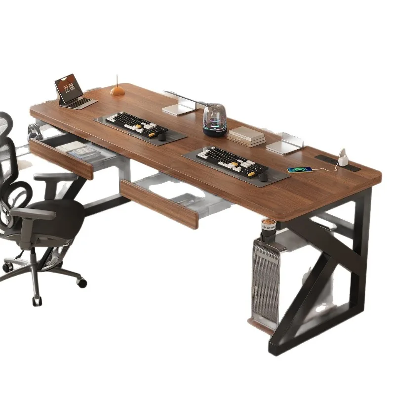 Solid Wood Computer Desk, Home Bedroom Double Gaming Table, Student Study Desk with Drawers, Multipurpose Workbench