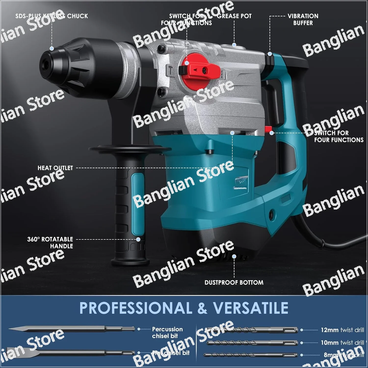 1-1/4 Inch 13 Amp Heavy Duty Rotary Hammer Drill, Safety Clutch 4 Functions with Vibration Control