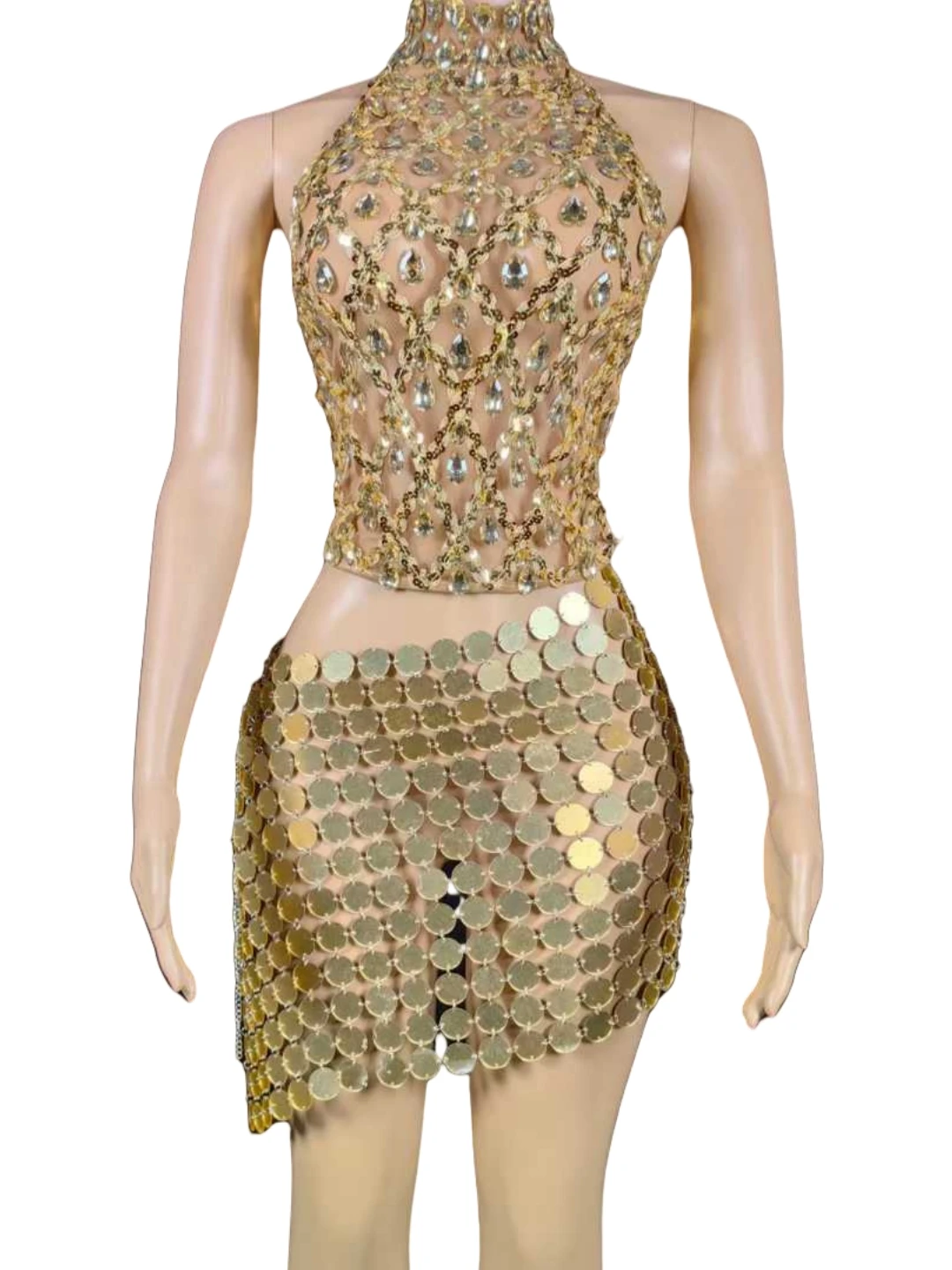 Złote, bezrękawnikowe komplety 2-częściowe: top i spódnica z cekinami dla kobiet, błyszczące, seksowne stroje na urodziny, imprezy, wieczorne wyjścia i do klubu nocnego.