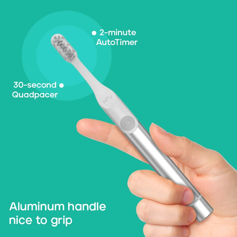 XFU Sonic Electric Toothbrush Portable for Travel with Dust Cover 2 Replacement Rubber Brush Heads Protect Gums Aluminum Handle