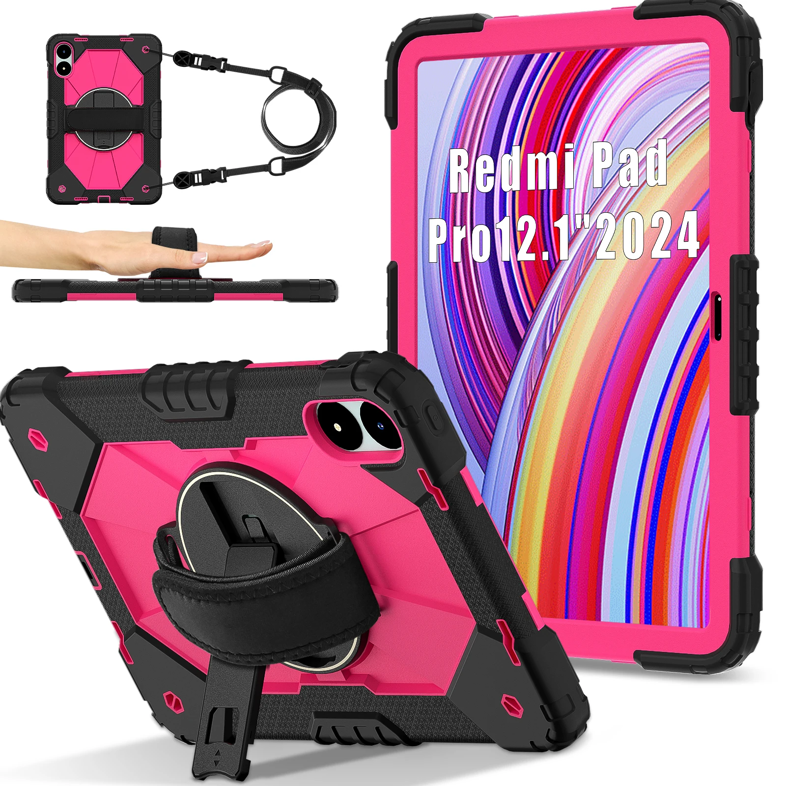 360 Rotating Heavy Duty Case For Xiaomi Redmi Pad Pro 2024 12.1inch Multi-angles Stand Cover Anti-Slip Shockproof Shoulder Strap