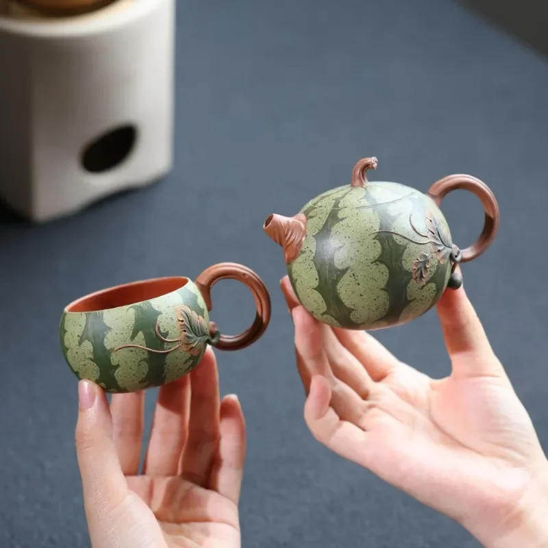 Handmade Purple Clay Teapot Raw Ore Zisha Kung Fu Tea Set Bionic Watermelon Shape Thin Wall Pot for Home Office Gift Decor