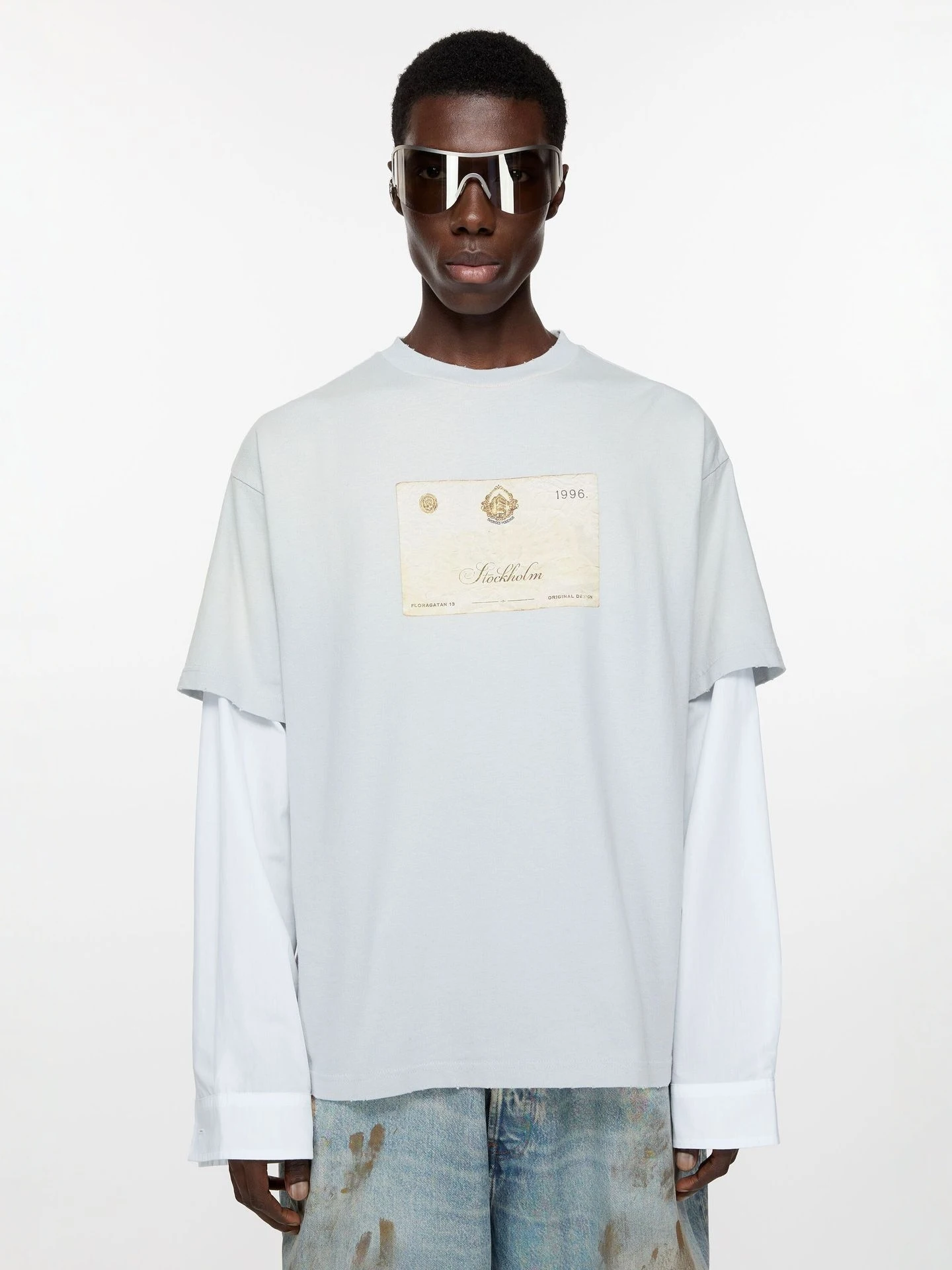 

Vintage AC Logo Letter Print Long Sve T-irt Men Loose round Ne Casual Ripped Patchwork Fake Two-Piece Base irt