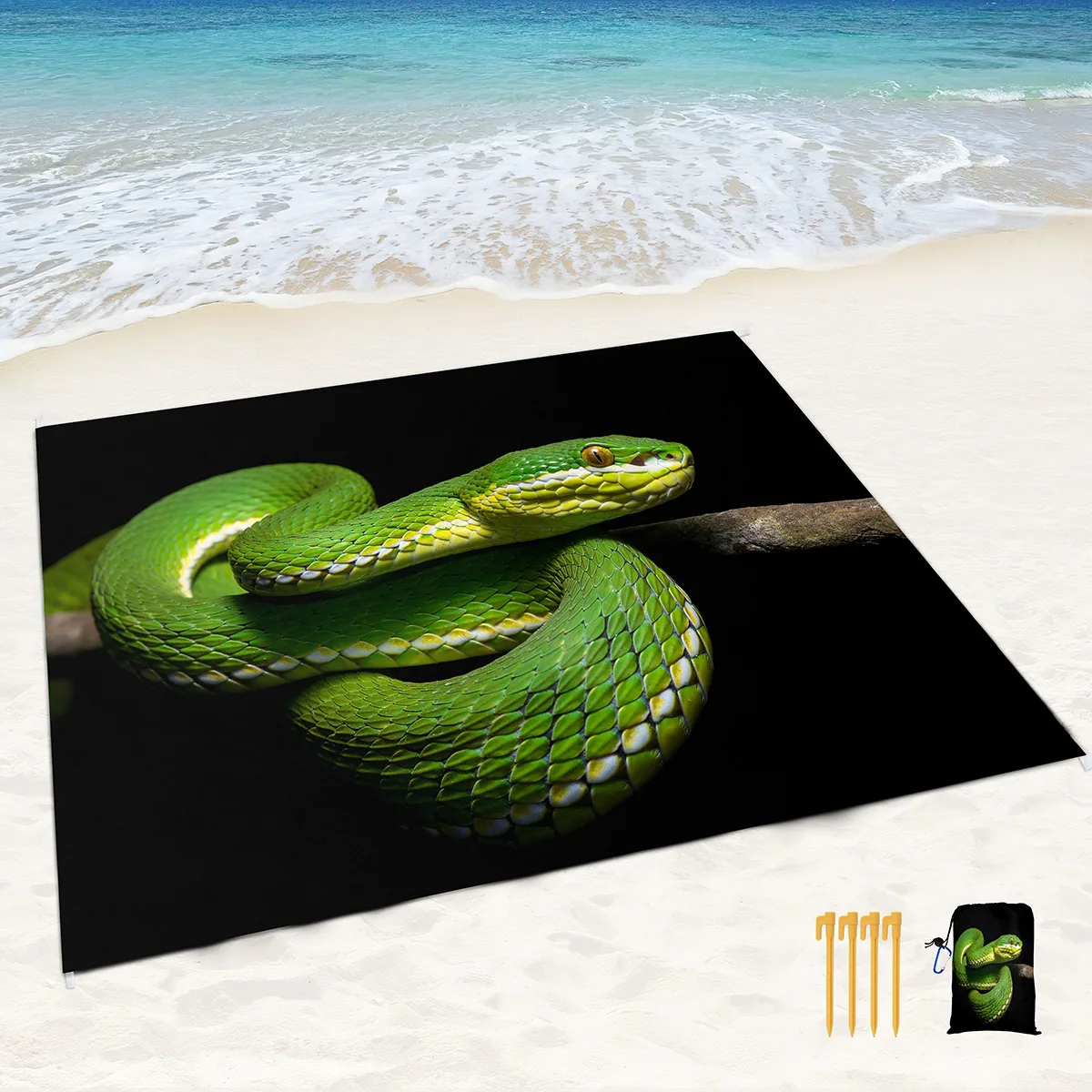 Beach Blanket Waterproof Sandproo,Green Snake Pattern Lightweight Picnic Rug Portable Large Beach Mat for Travel/Camping/Hiking