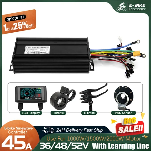 Ebike 3-Modus-Sinuswellen-Controller 45 A 36 V 48 V 52 V elektrischer Fahrradmotor bürstenloser Controller 1000 W-2000 W mit UKC1 LCD-Farbdisplay