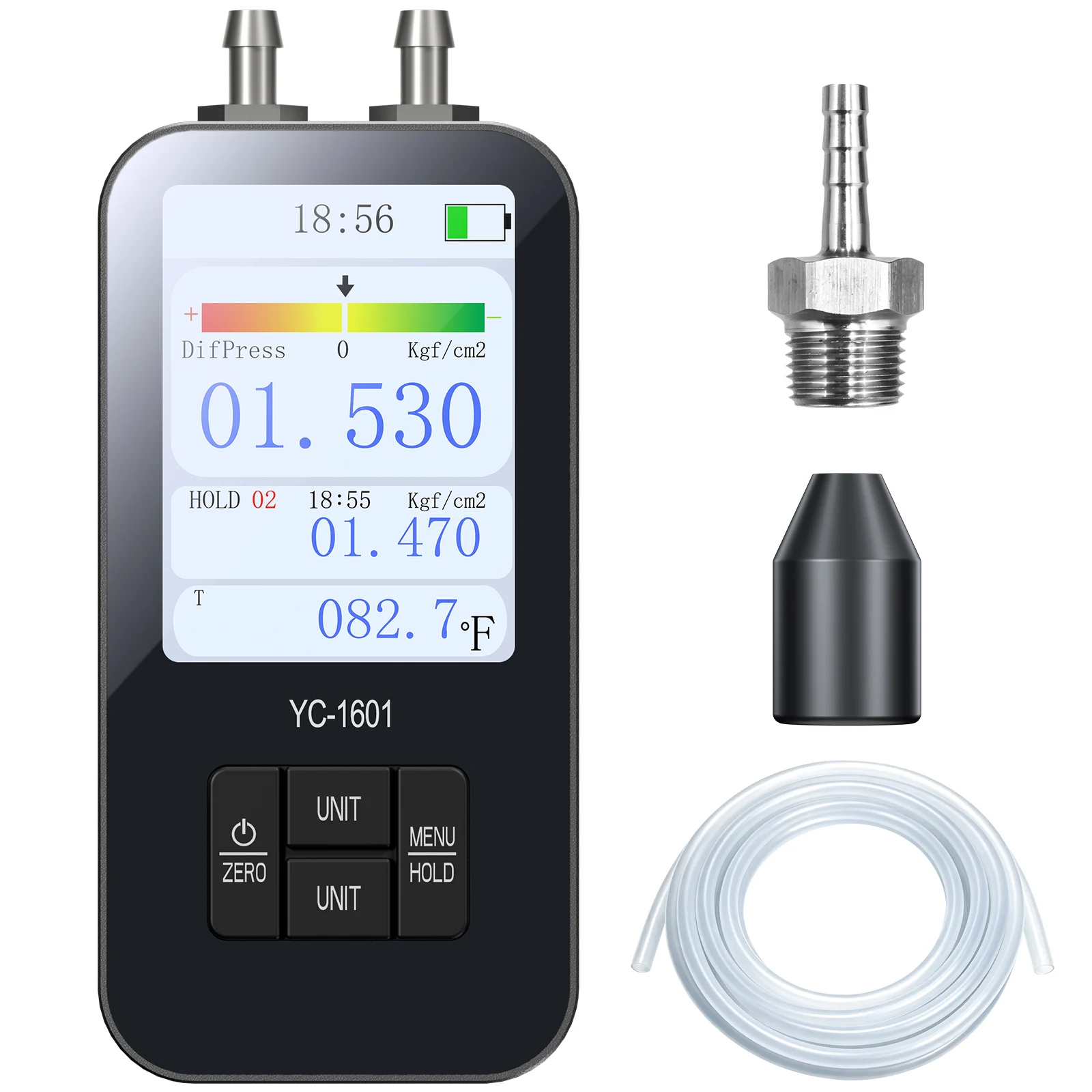 YC-1601 Digital Manometer ±40kPa Dual Port Gas Differential Pressure Tester 12 Units Rechargeable Type-C HVAC Pressure Gauge