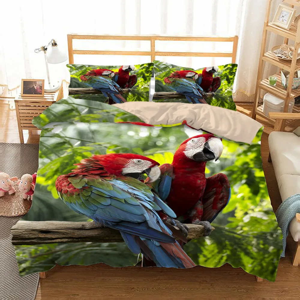 Set biancheria da letto ara King/Queen Size Copripiumino colorato pappagallo Bambini Ragazzi Copripiumino in poliestere con piante verdi tropicali