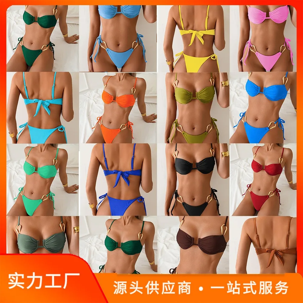 

Woman Bikini Beachwear Ruched Top Thong Bottom Bikinis Swimwear Two Piece Swimsuit Tie Side High Cut Swim Bikini Women Sets