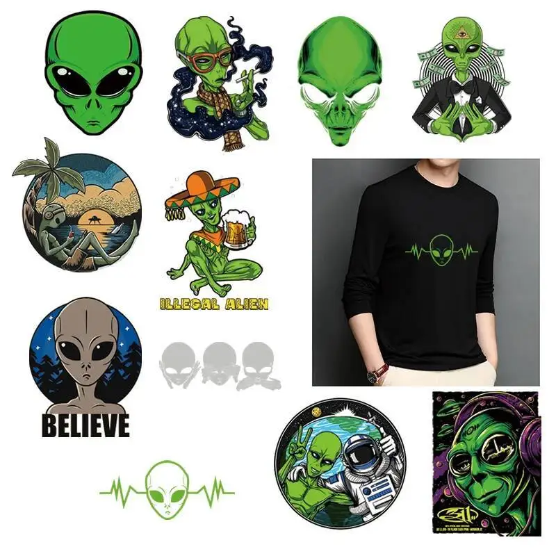 男性と女性のためのピンストライプTシャツ,エイリアンプリント,人気のデザイン,セーター,DIY装飾,熱転写,アイロンパッチ