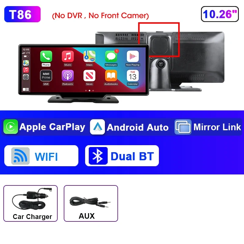 Srnubi 10,26 inch 4K ADAS auto-DVR met 360 °   Rotatie Dash Cam Draadloos Carplay Android Auto Mirror Link BT WIFI AUX FM Dashboard